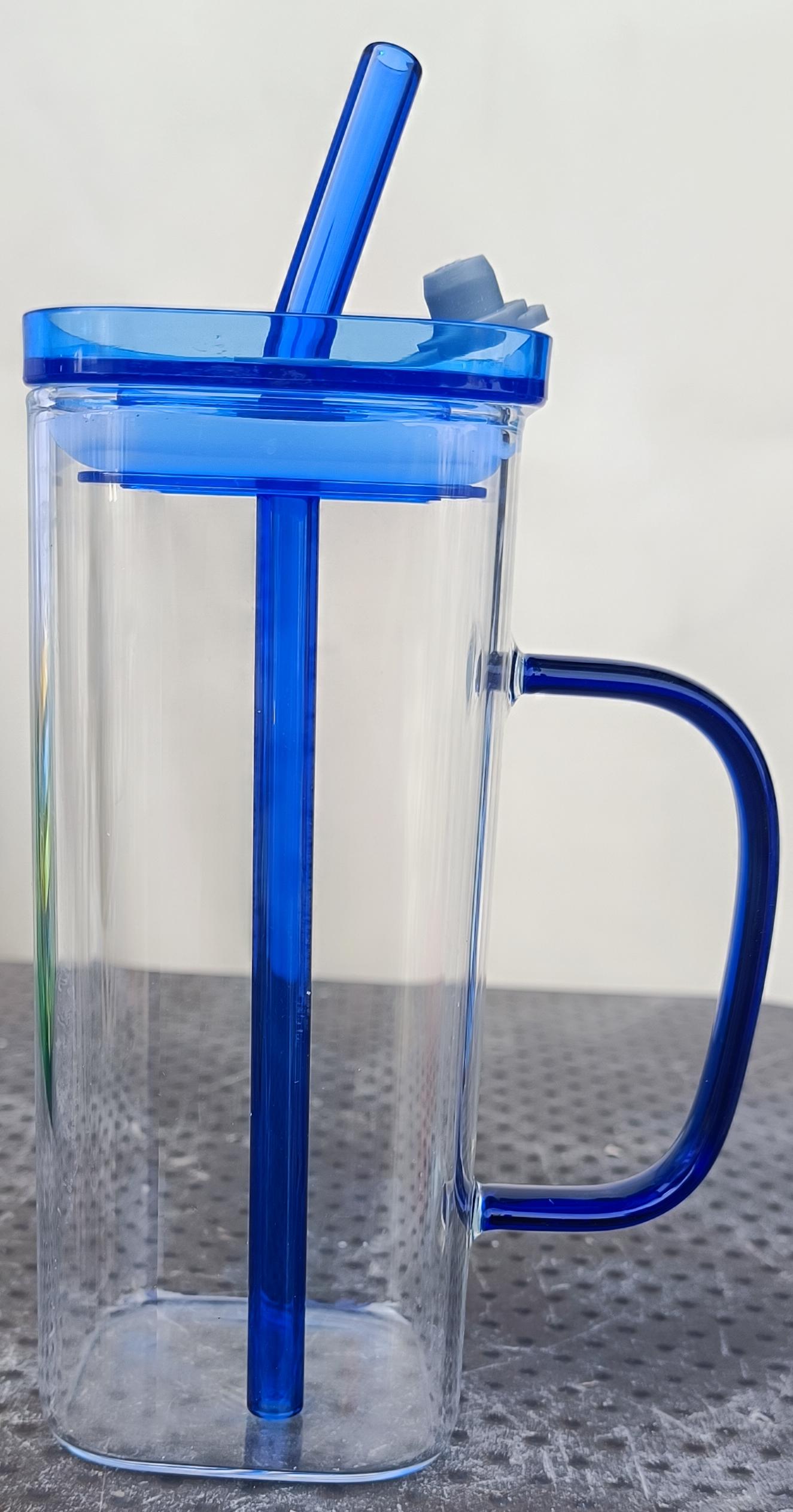 Square Borosilicate Glass Iced Coffee Mug with Blue Straw & Handle