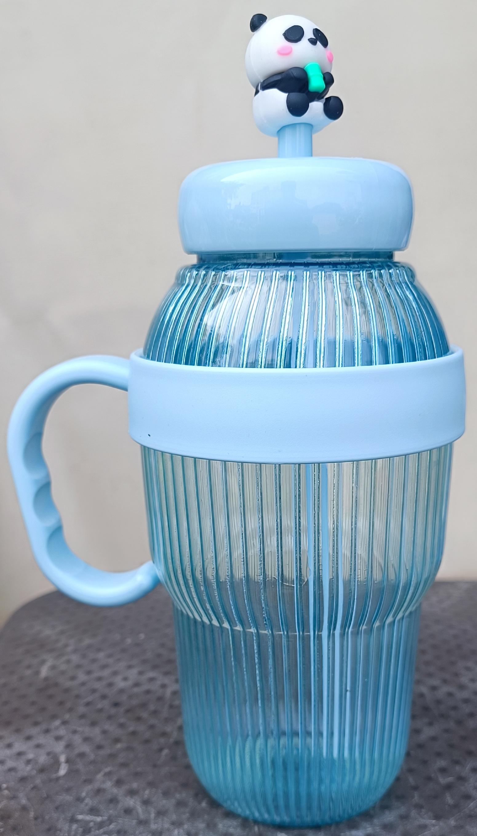 Kids Panda Topper Fluted Water Mug Bottle with Handle & Straw