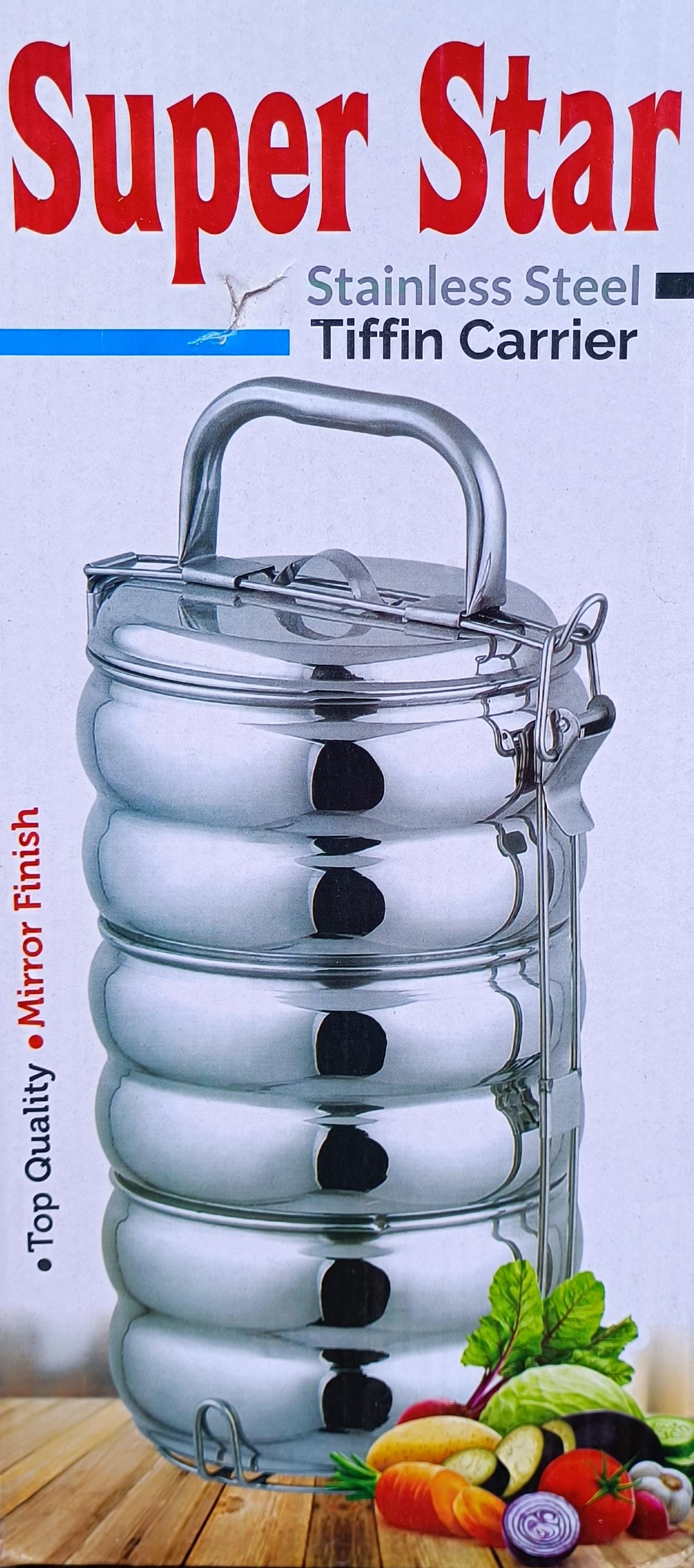 4-Tier Stainless Steel Tiffin Carrier Lunch Box with Locking Handle - Super Star