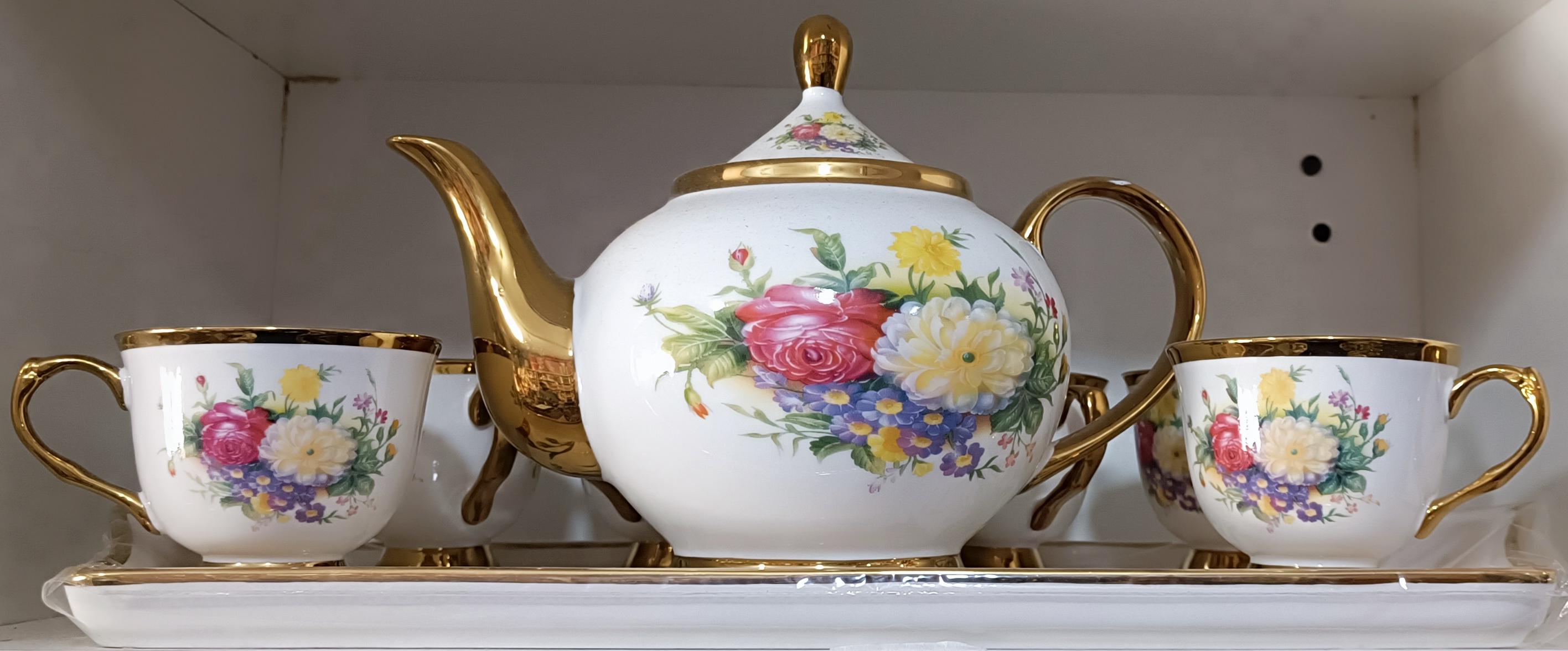 Royal Floral Porcelain Tea Set with Gold Trim and Serving Tray - Royal Floral Collection