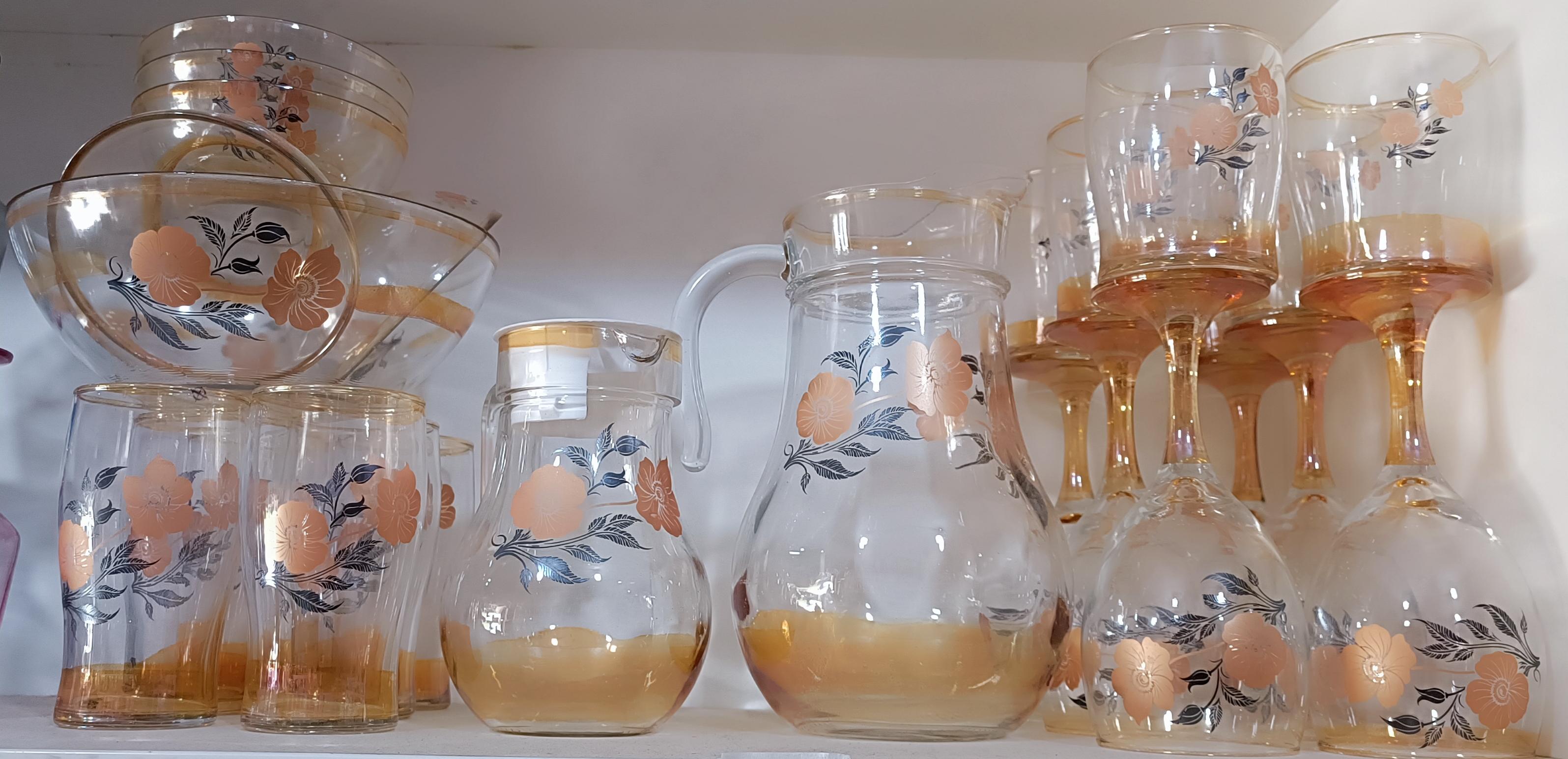 Luxury Amber Floral Glass Jug, Goblet & Tumbler Drinkware Set - Imported Crystal Glassware