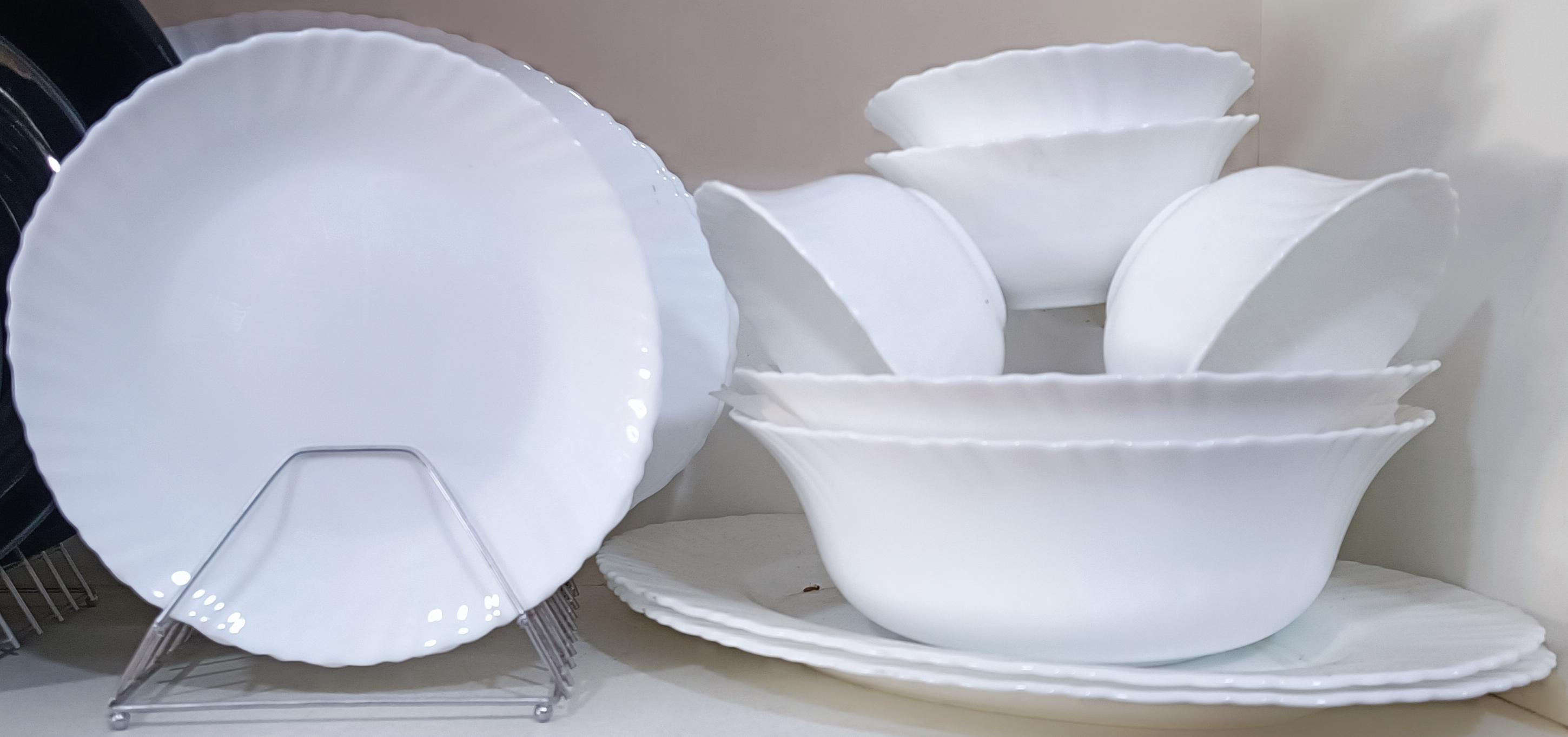 Royal Pure White Opal Glass Dinner Set with Scalloped Fluted Rim - Royal Opalware