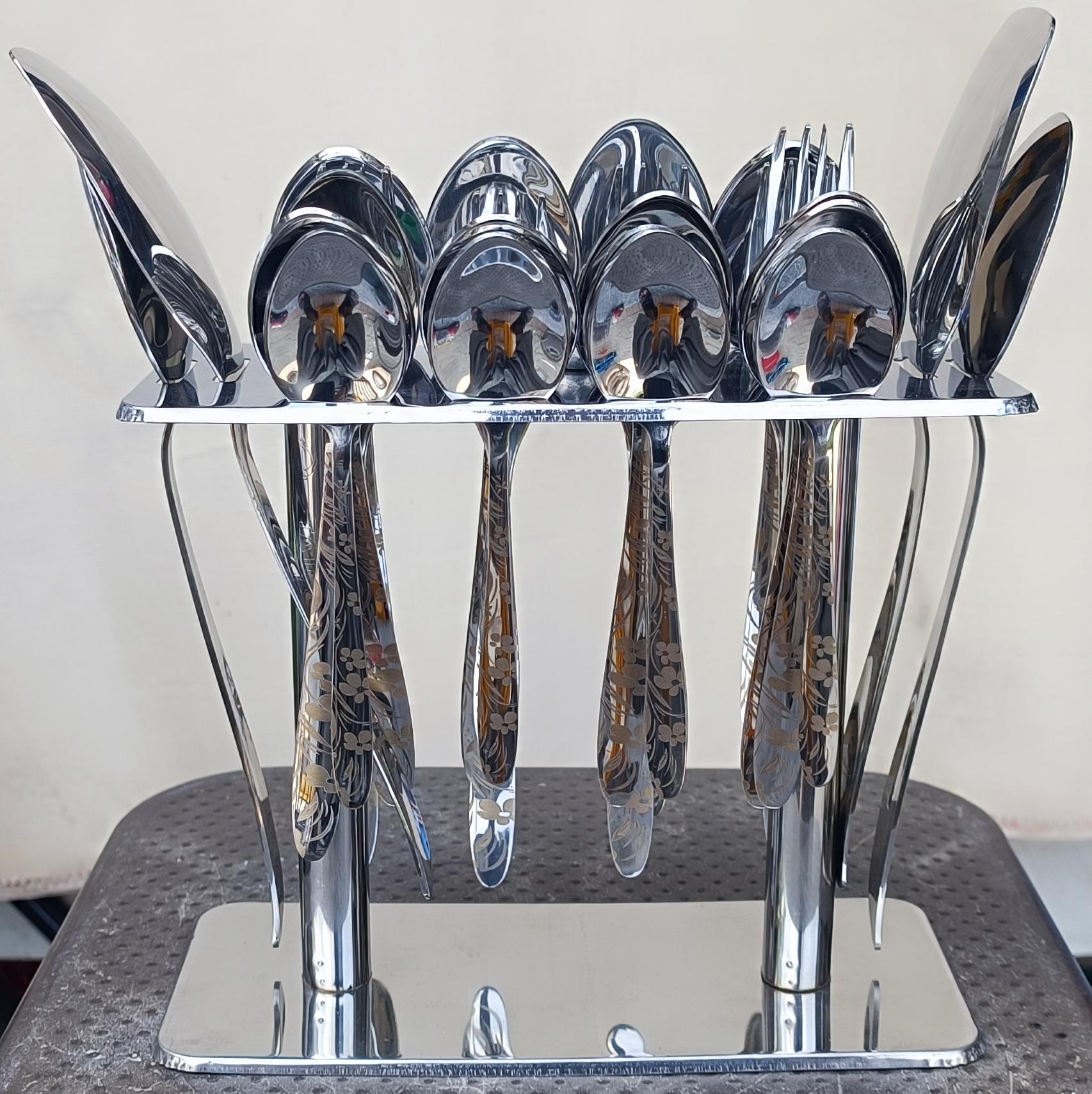Stainless Steel Floral Engraved Cutlery Set with Chrome Stand - Star King