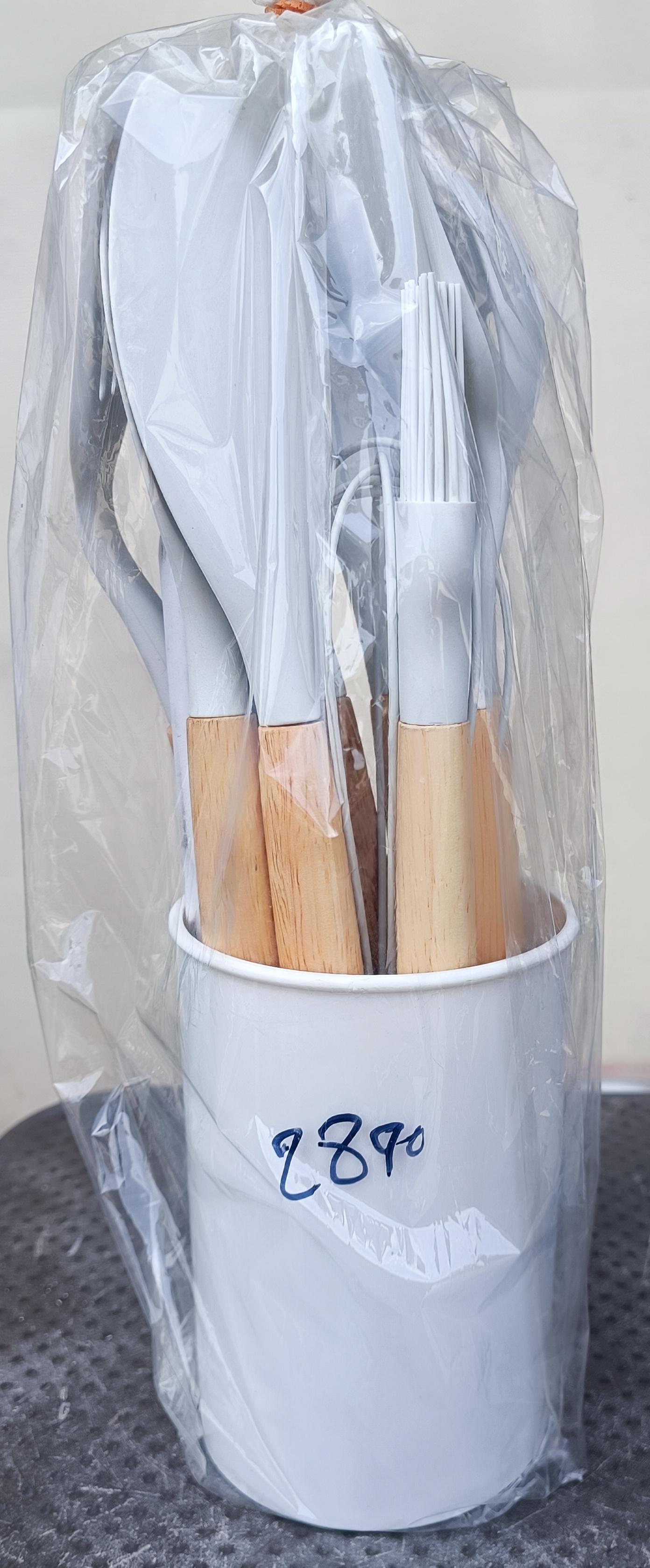 Silicone Cooking Utensils Set with Wooden Handles and Countertop Holder - Kitchen & Cooking