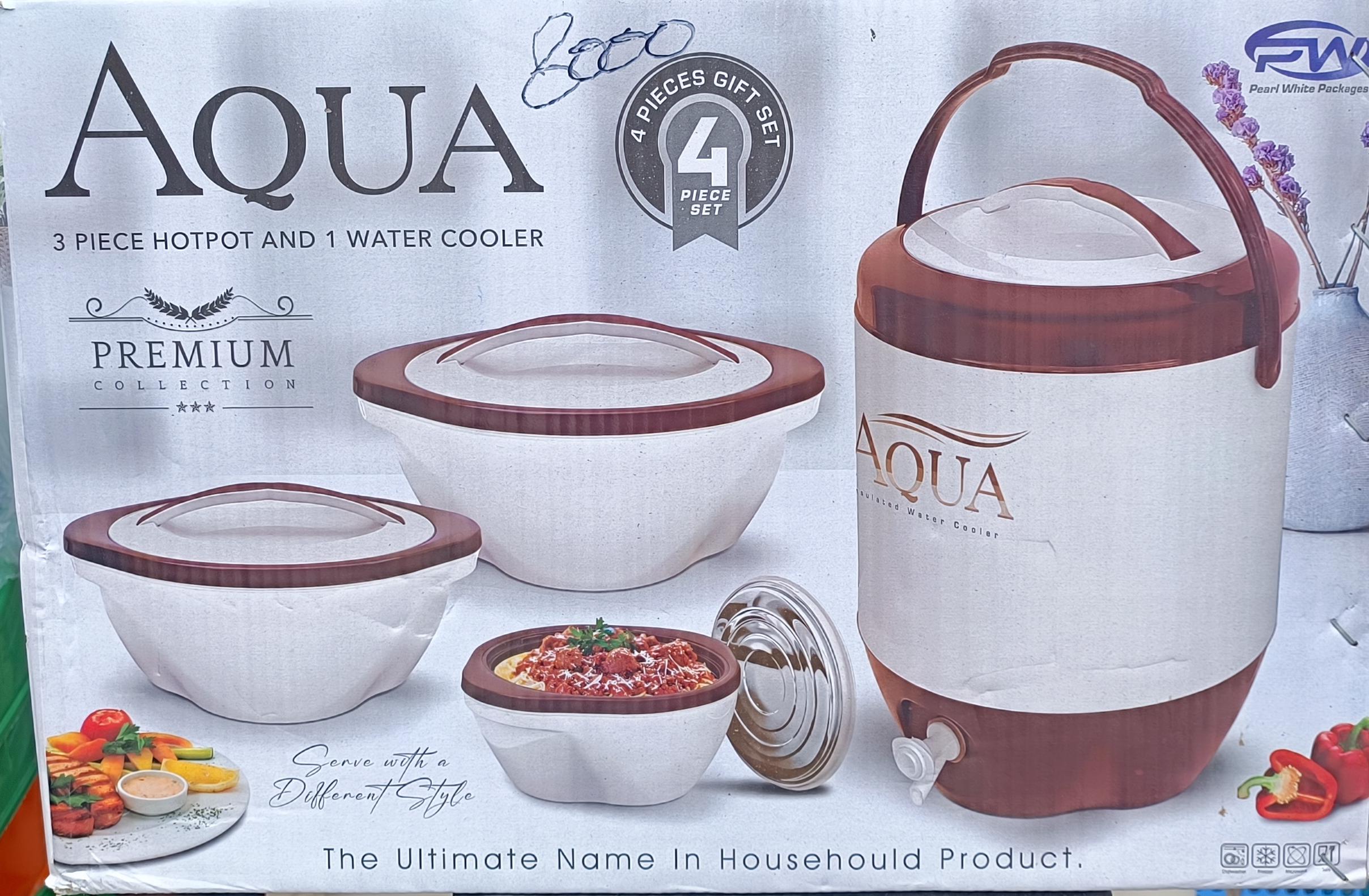Aqua Premium 4-Piece Insulated Hotpot & Water Cooler Gift Set (by Pearl White Packages)