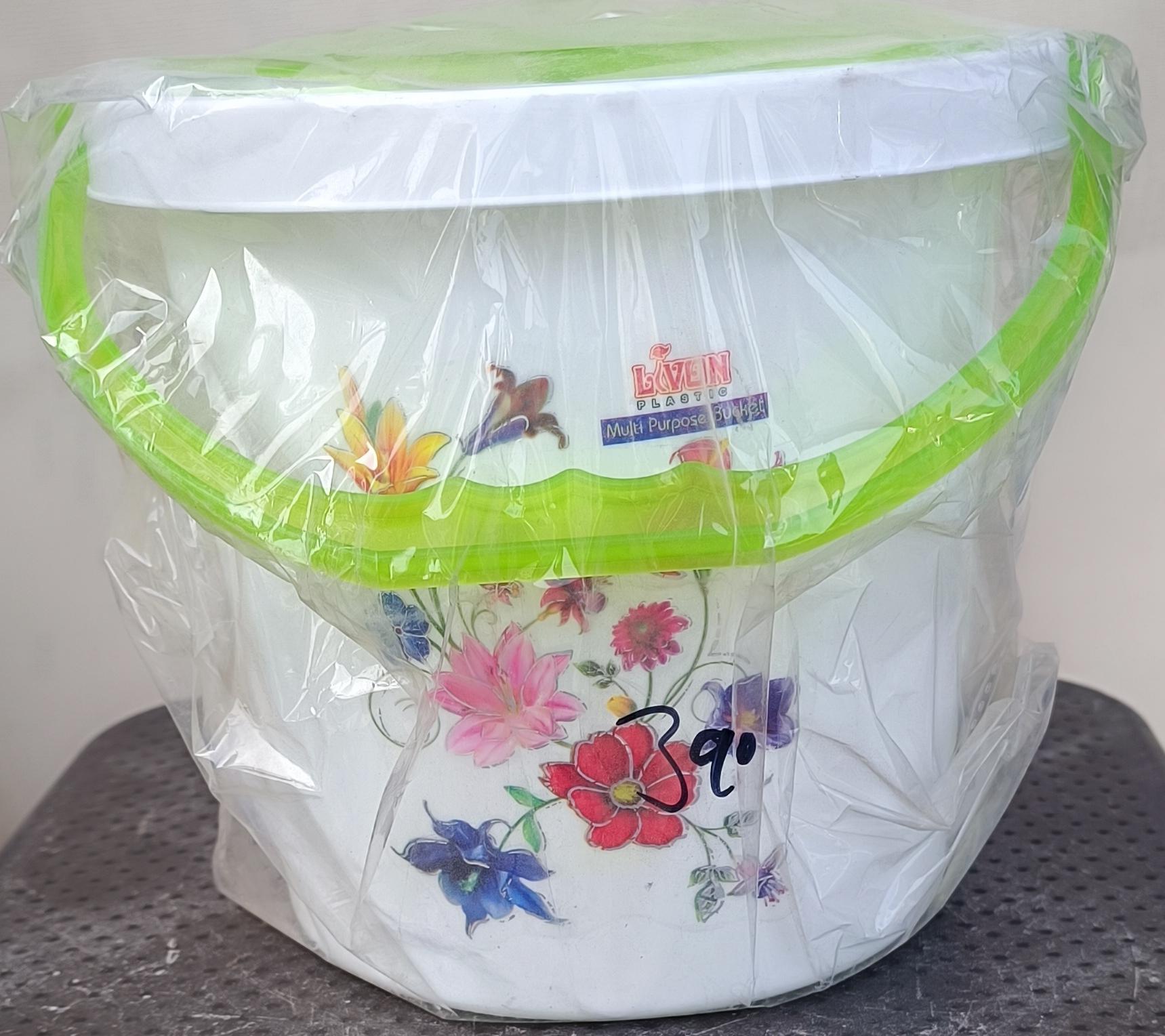 Livon Plastic Multi-Purpose Bucket with Lid and Green Handle
