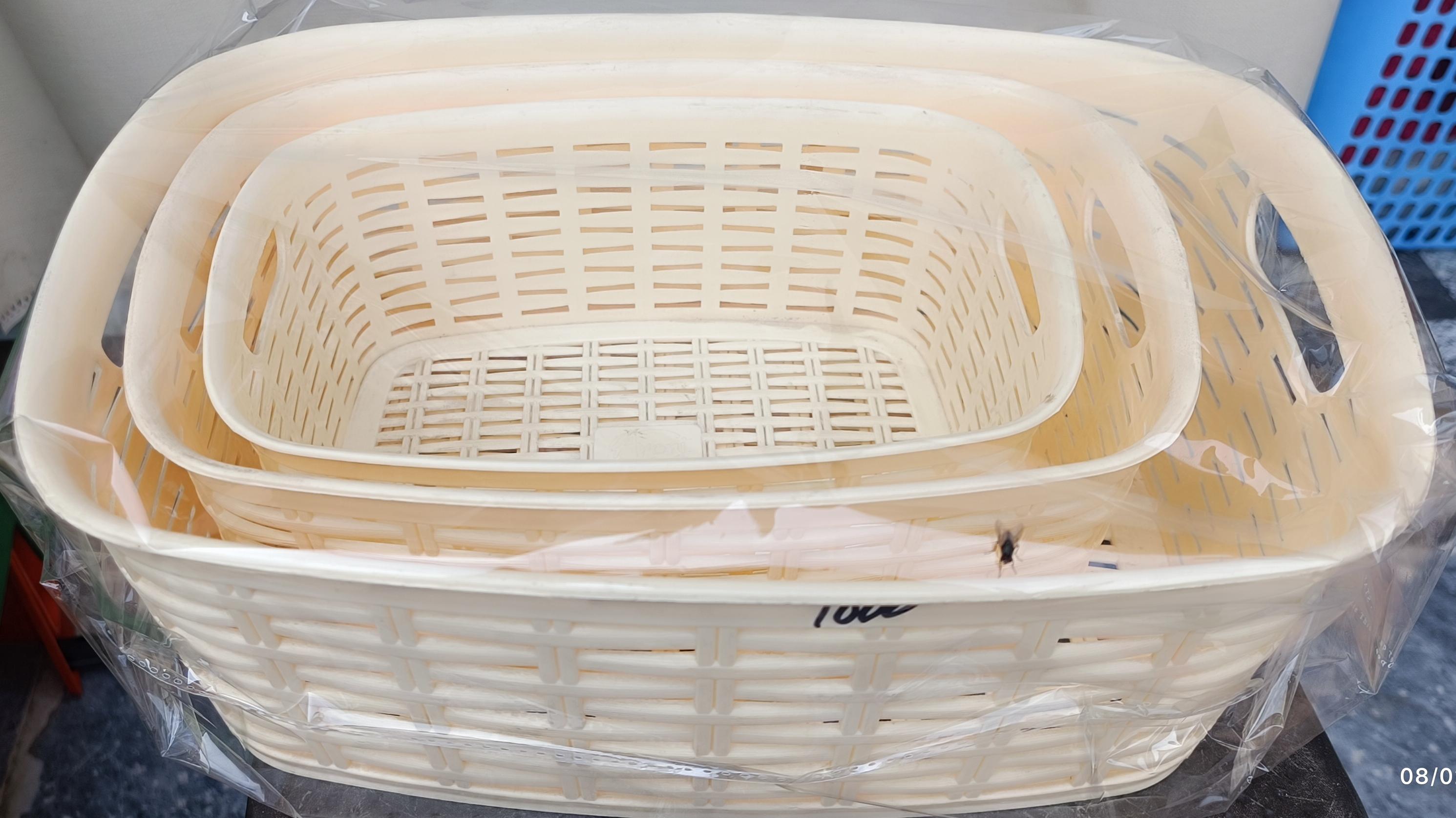 Woven Design Plastic Storage Baskets with Handles - Set of 3