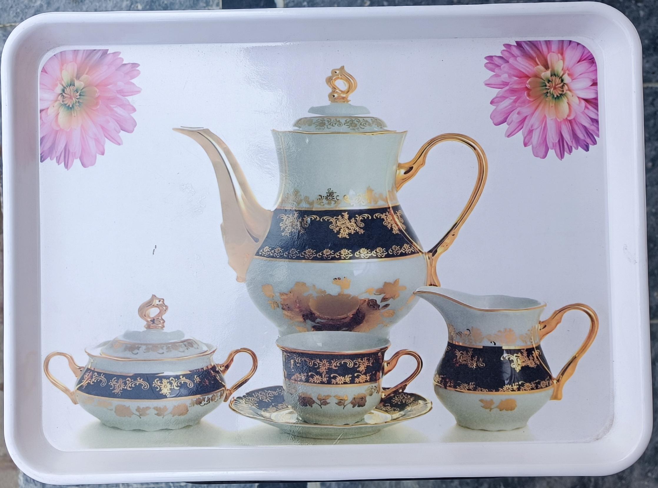 Royal Gold Vintage Tea Set Motif Melamine Serving Tray