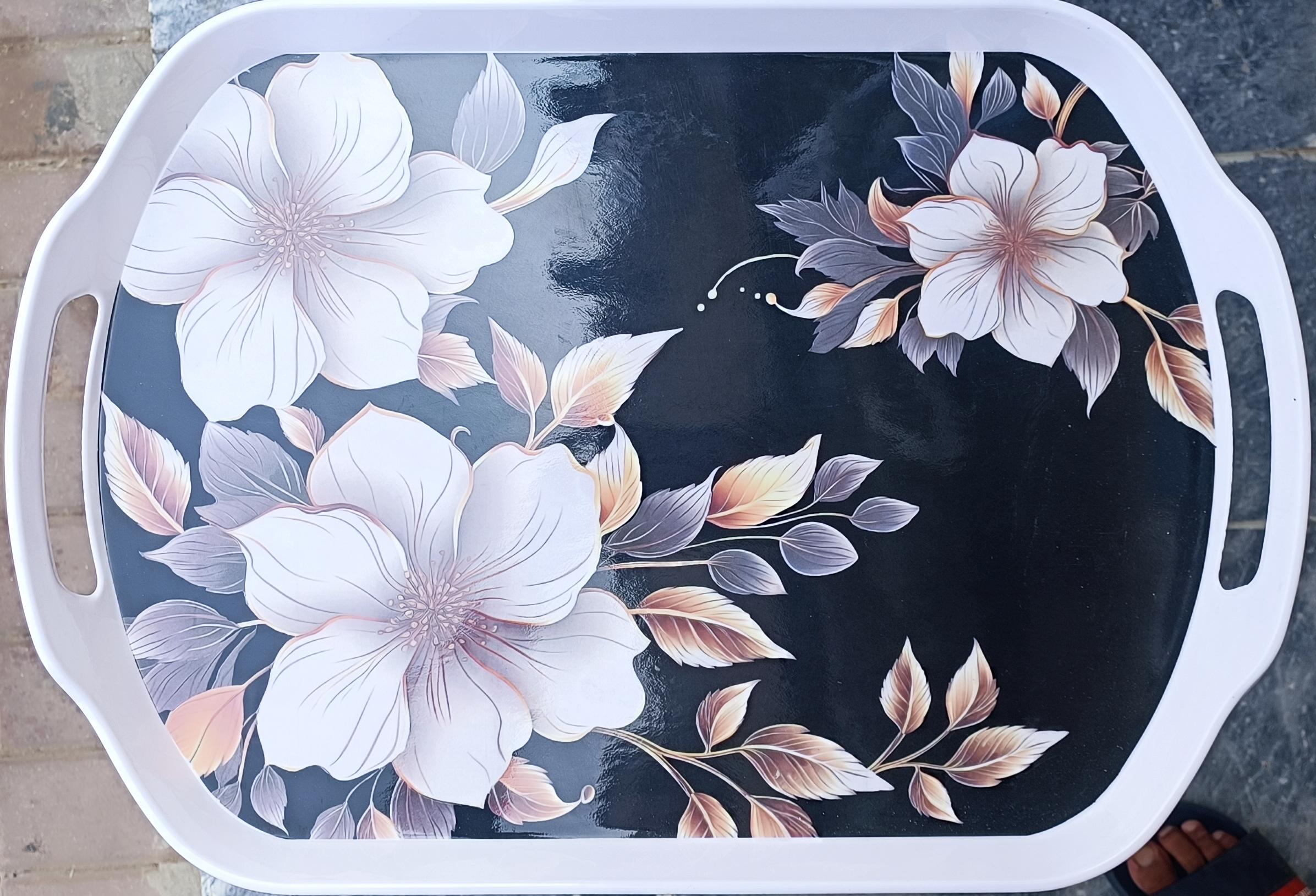 Midnight Blossom Contrast Floral Melamine Serving Tray with Handles