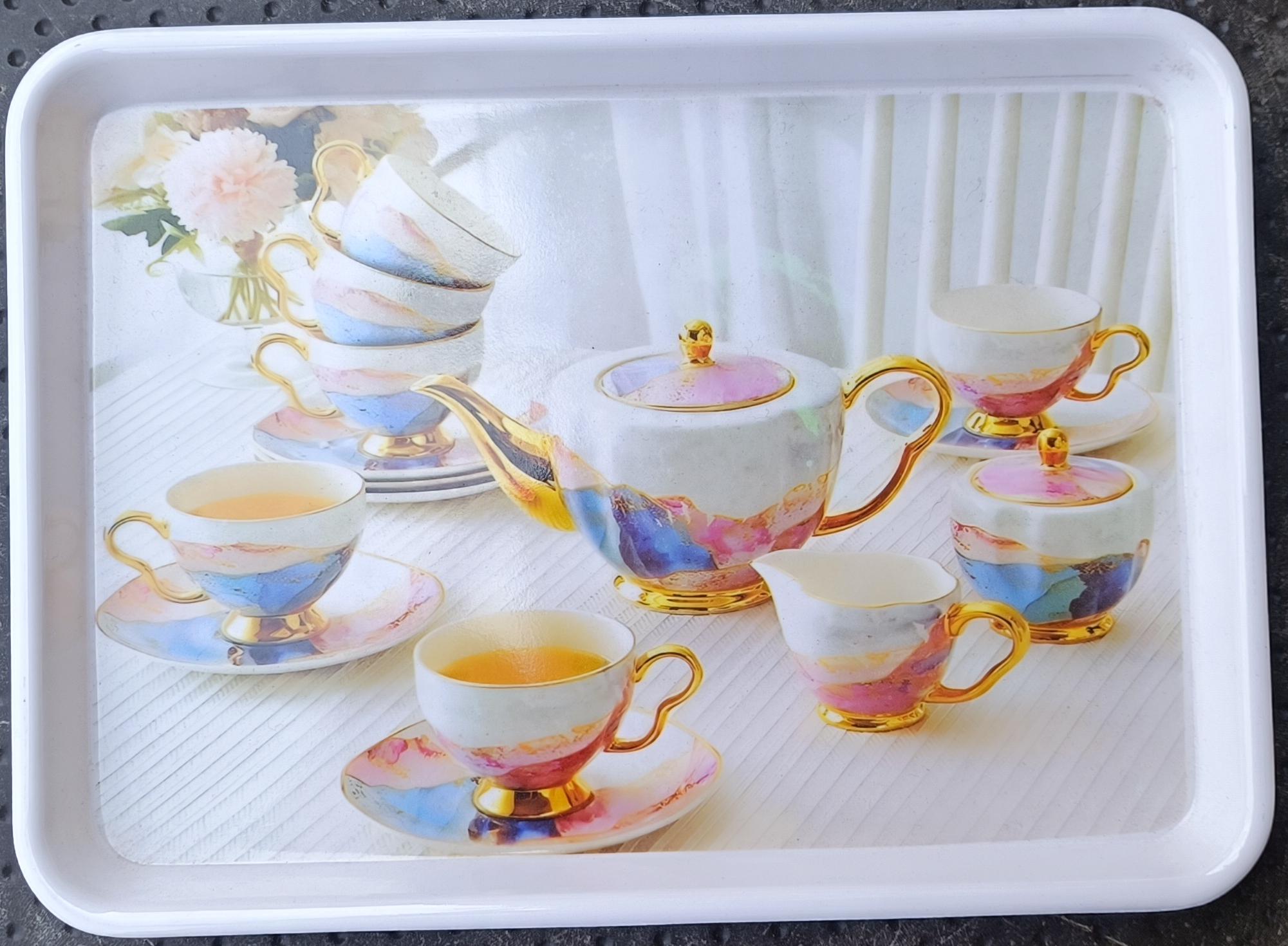 Pastel Watercolor Marble Tea Set Melamine Serving Tray