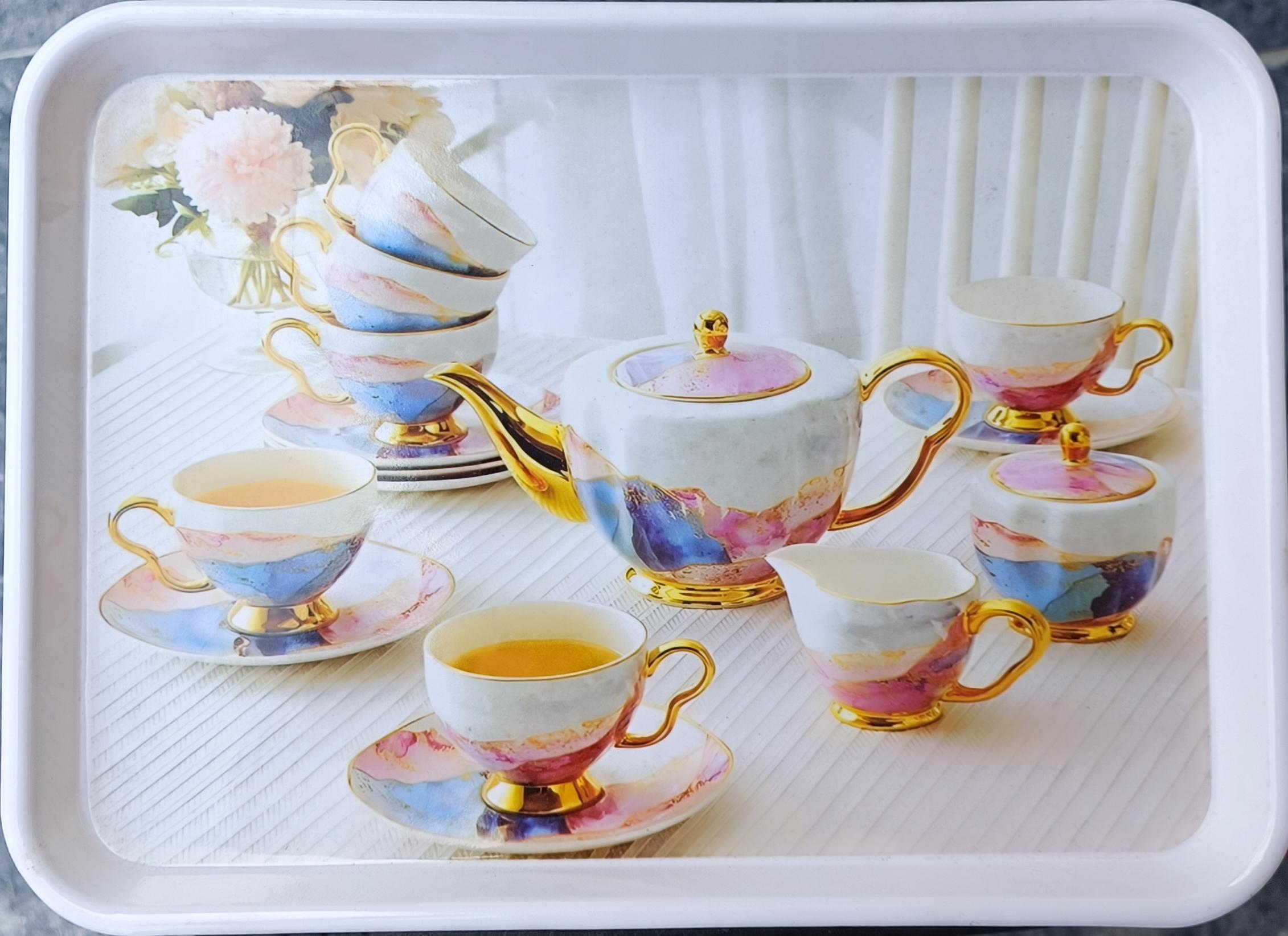 Tea Set Printed Melamine Serving Tray (Large)