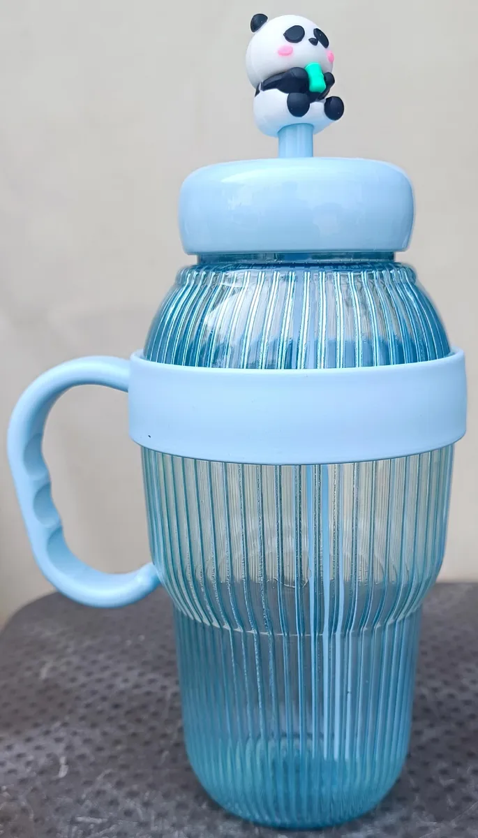 Kids Panda Topper Fluted Water Mug Bottle with Handle & Straw