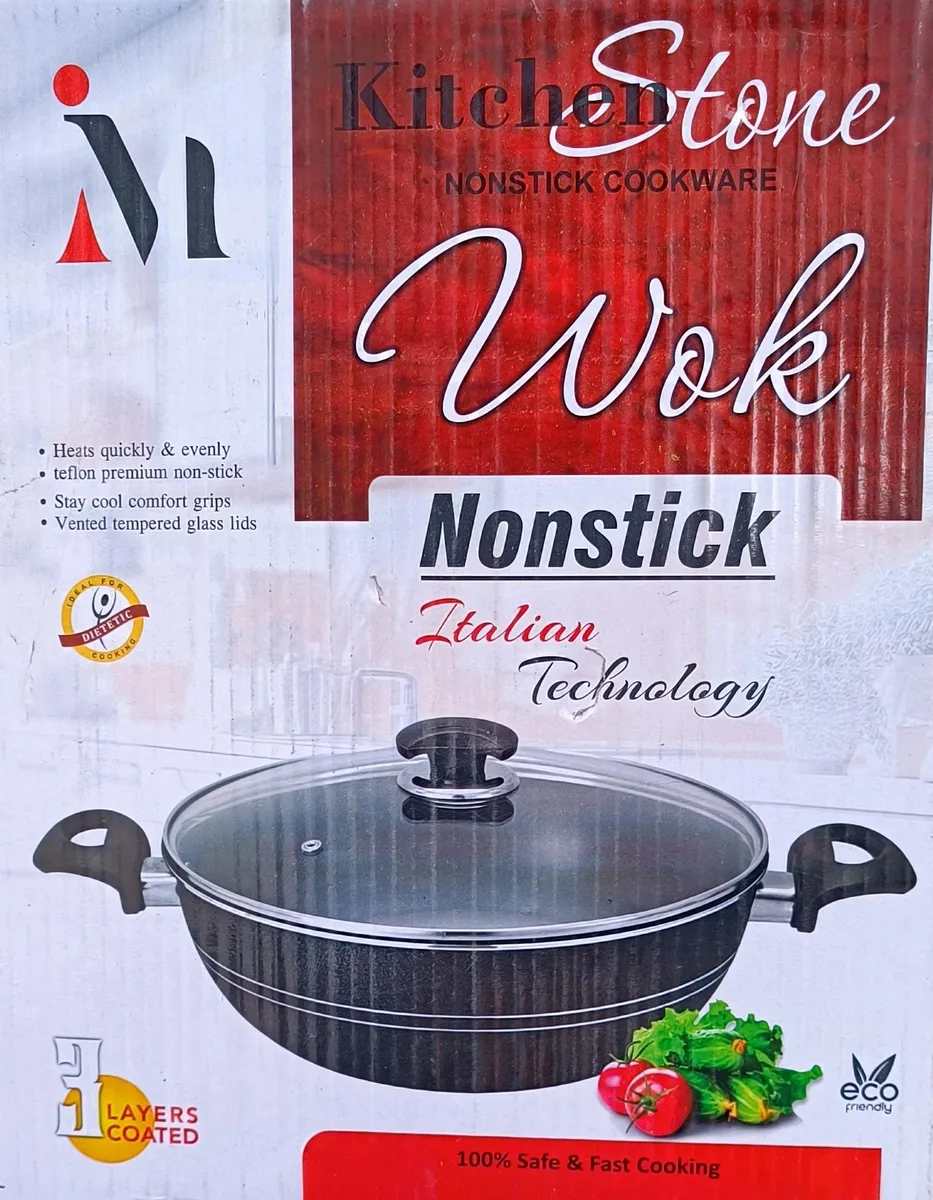 Non-Stick Wok with Vented Glass Lid(Granito Finish) - Kitchen Stone