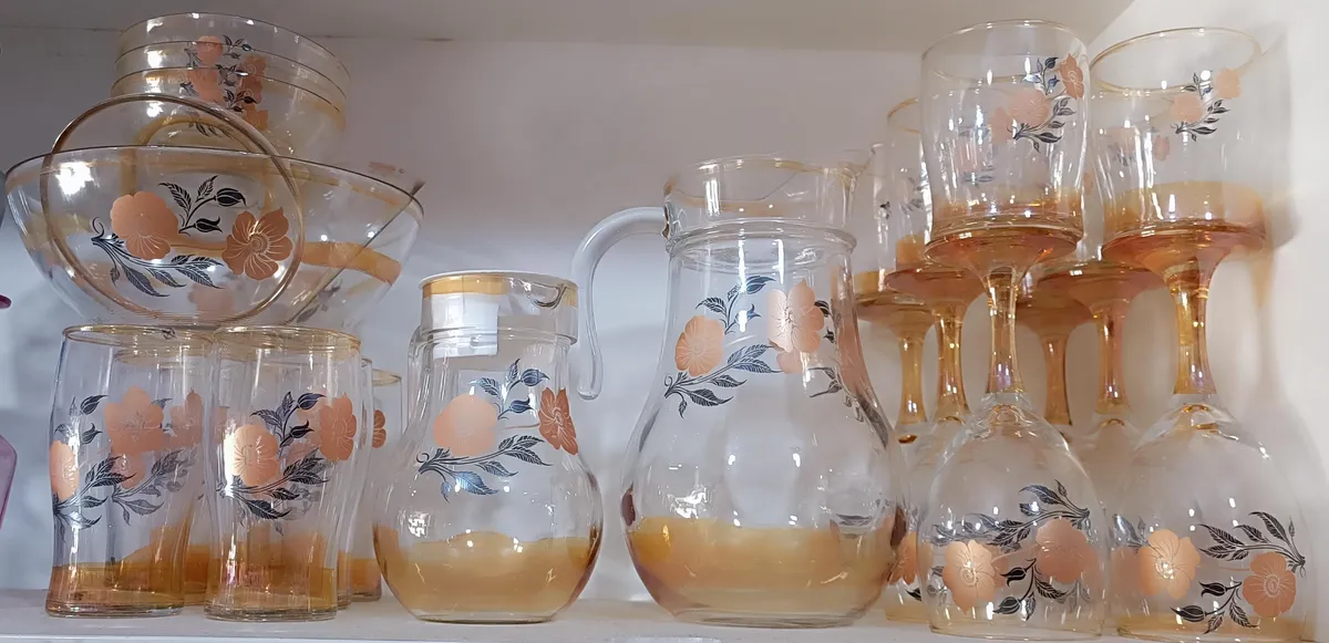 Luxury Amber Floral Glass Jug, Goblet & Tumbler Drinkware Set - Imported Crystal Glassware