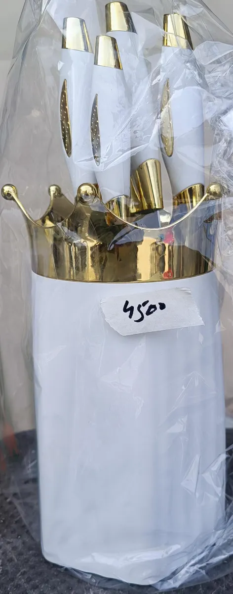 Luxury White & Gold Crown Kitchen Knife Set with Counter Stand - Royal Crown Design