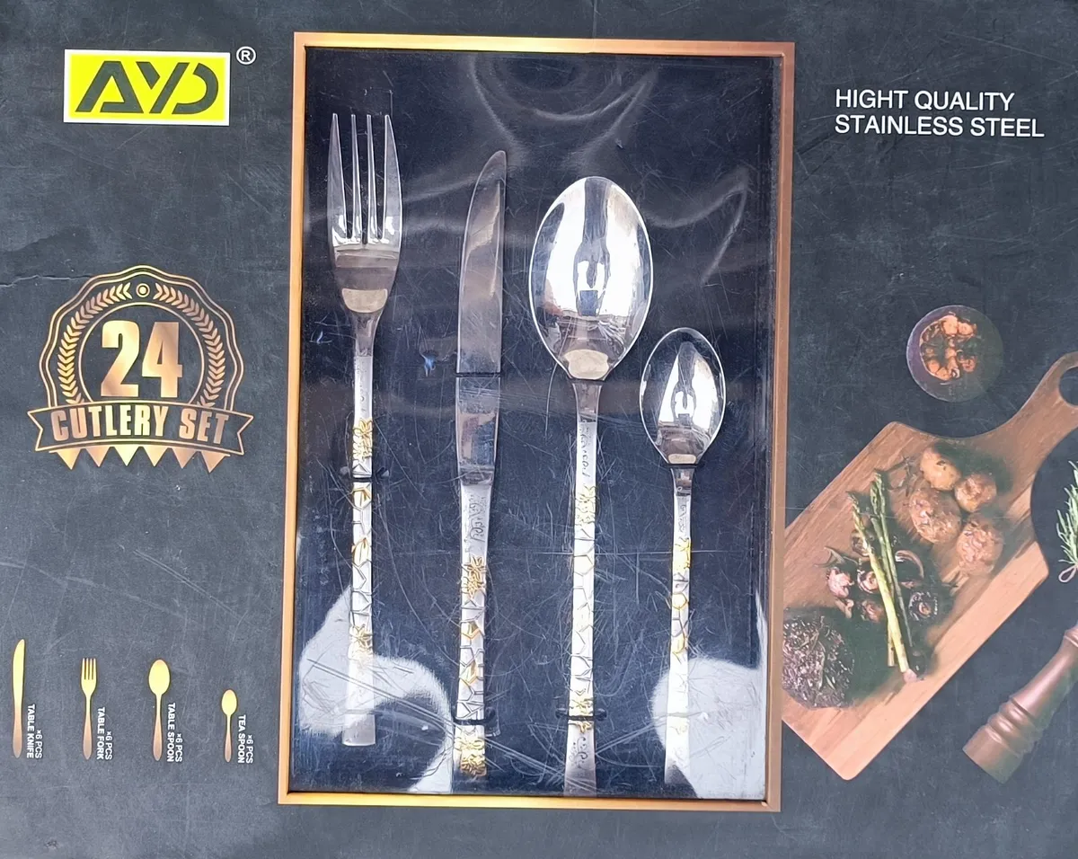 Stainless Steel Cutlery Set with Gold Pattern Handles in Gift Box - AYD