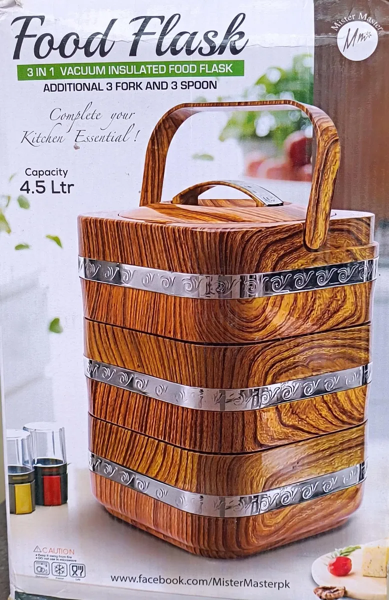 3-in-1 Vacuum Insulated Food Flask 4.5L (Woodgrain Finish with Cutlery) - Mister Master