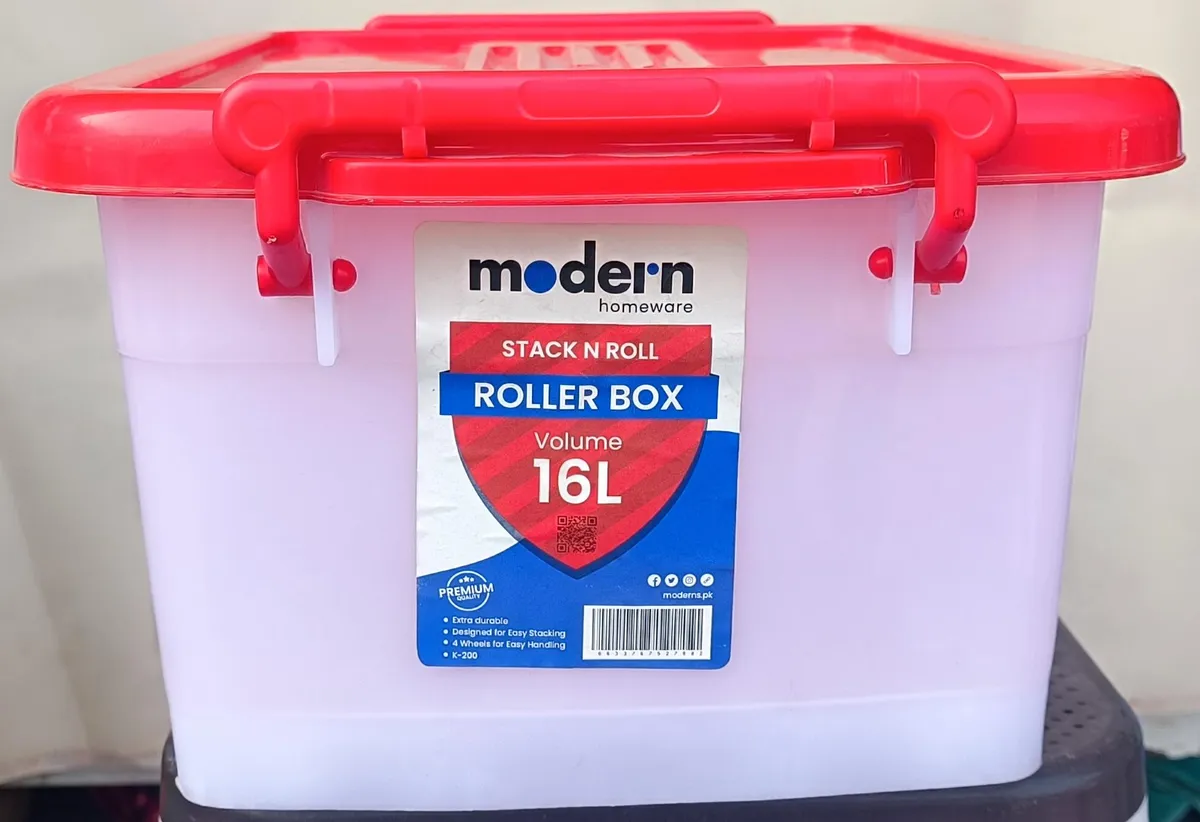 Modern Homeware Stack N Roll Roller Box 16L with Red Lid & Lock Handles