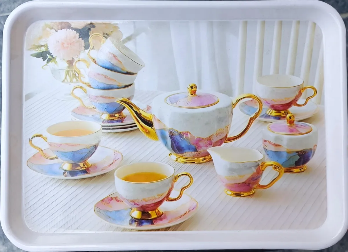 Tea Set Printed Melamine Serving Tray (Large)